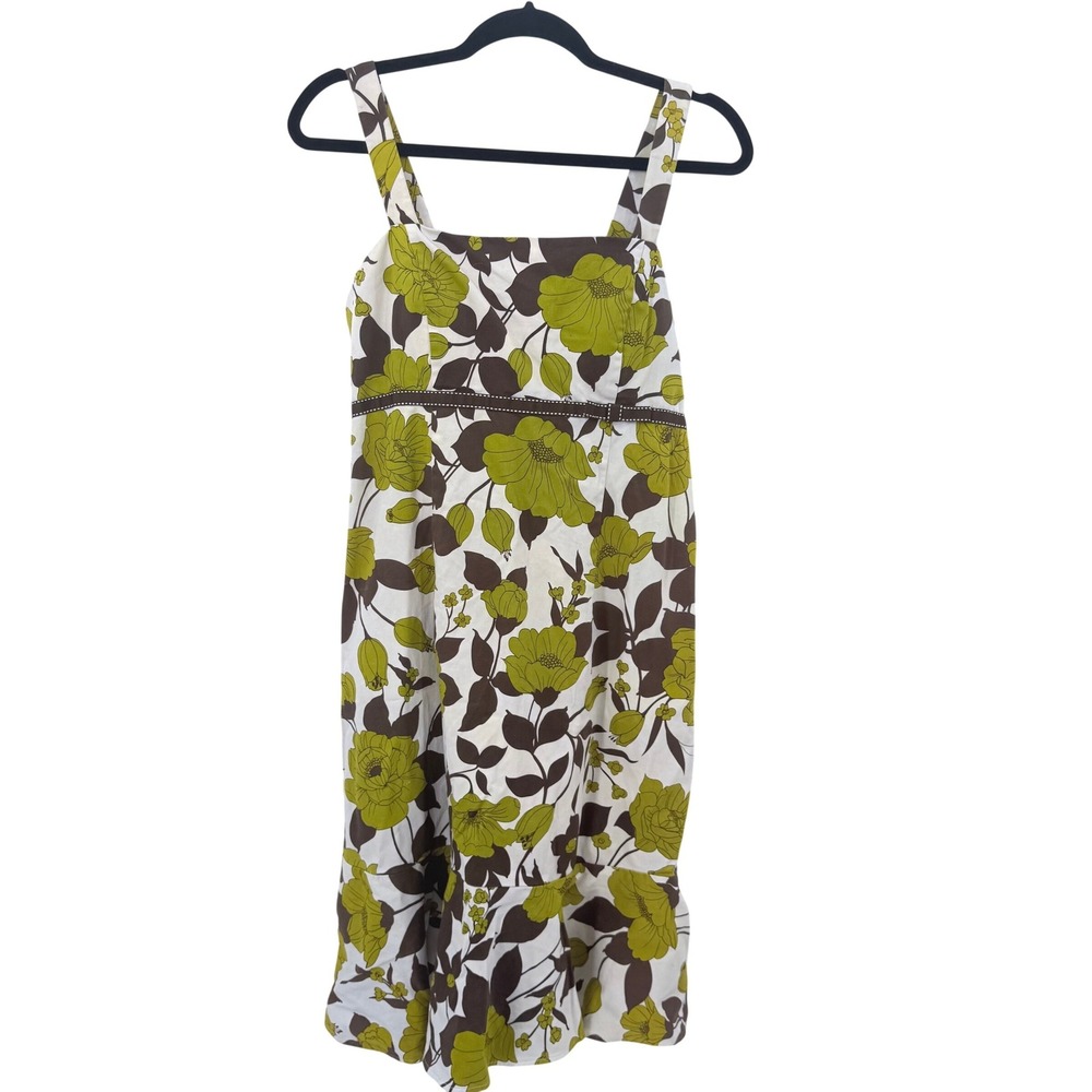 Karin Stevens Babydoll Floral Empire Waist Sundress Green Brown White 12 Vintage